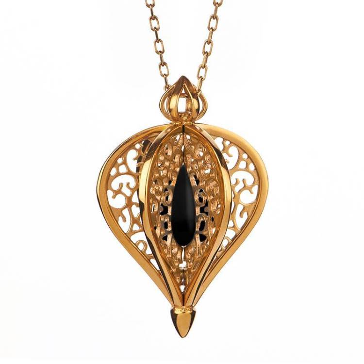 9ct Yellow Gold Whitby Jet Flore Filigree Small Necklace