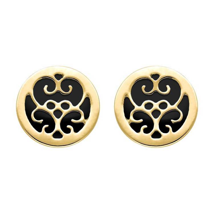 9ct Yellow Gold Whitby Jet Flore Filigree Stud Earrings