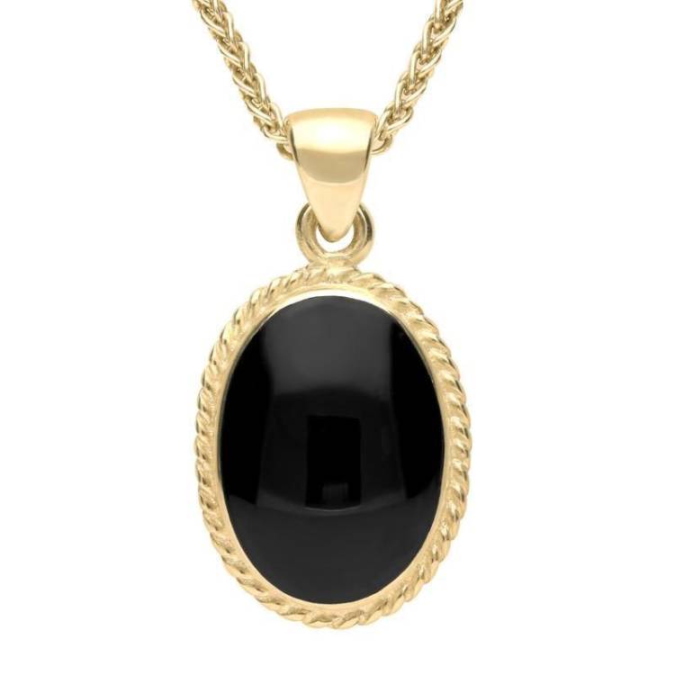 9ct Yellow Gold Whitby Jet Heritage Rope Edge Medium Oval Pendant
