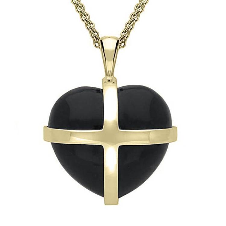 9ct Yellow Gold Whitby Jet Large Cross Heart Necklace - Option1 Value Yellow Gold
