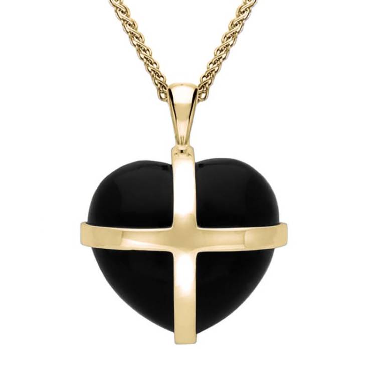 9ct Yellow Gold Whitby Jet Medium Cross Heart Necklace - Yellow Gold
