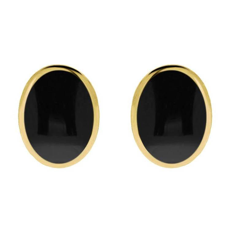 9ct Yellow Gold Whitby Jet Oval Flat Omega Stud Earrings - Yellow Gold