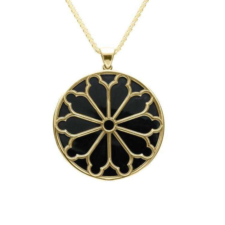 9ct Yellow Gold Whitby Jet Whitby Abbey Large Round Window Necklace