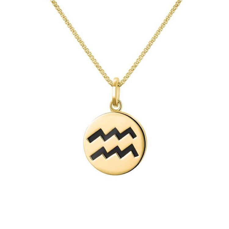 9ct Yellow Gold Whitby Jet Zodiac Aquarius Round Necklace - Gold