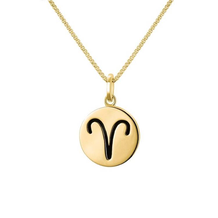 9ct Yellow Gold Whitby Jet Zodiac Aries Round Necklace - Gold