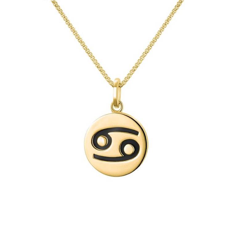 9ct Yellow Gold Whitby Jet Zodiac Cancer Round Necklace - Gold