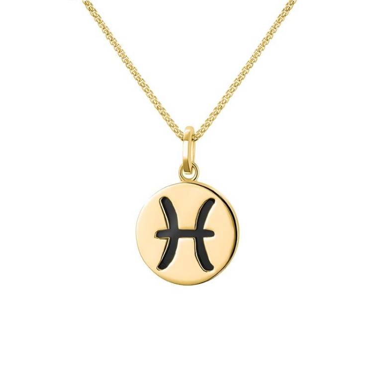 9ct Yellow Gold Whitby Jet Zodiac Pisces Round Necklace - Gold