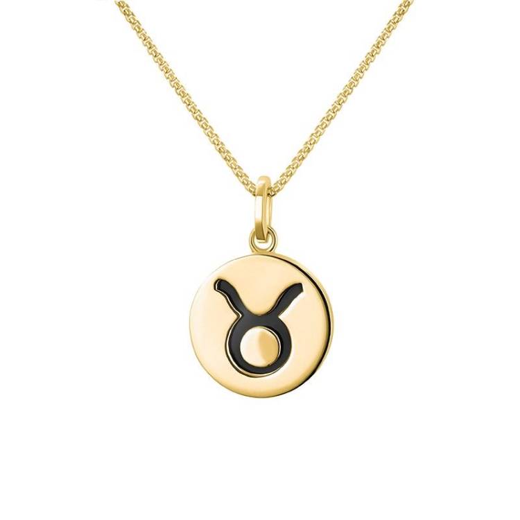 9ct Yellow Gold Whitby Jet Zodiac Taurus Round Necklace - Gold