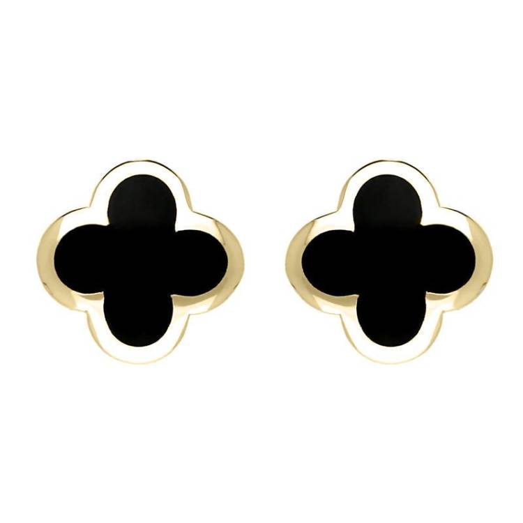 9ct Yellow Gold Whitby Jet Bloom Four Leaf Clover Stud Earrings