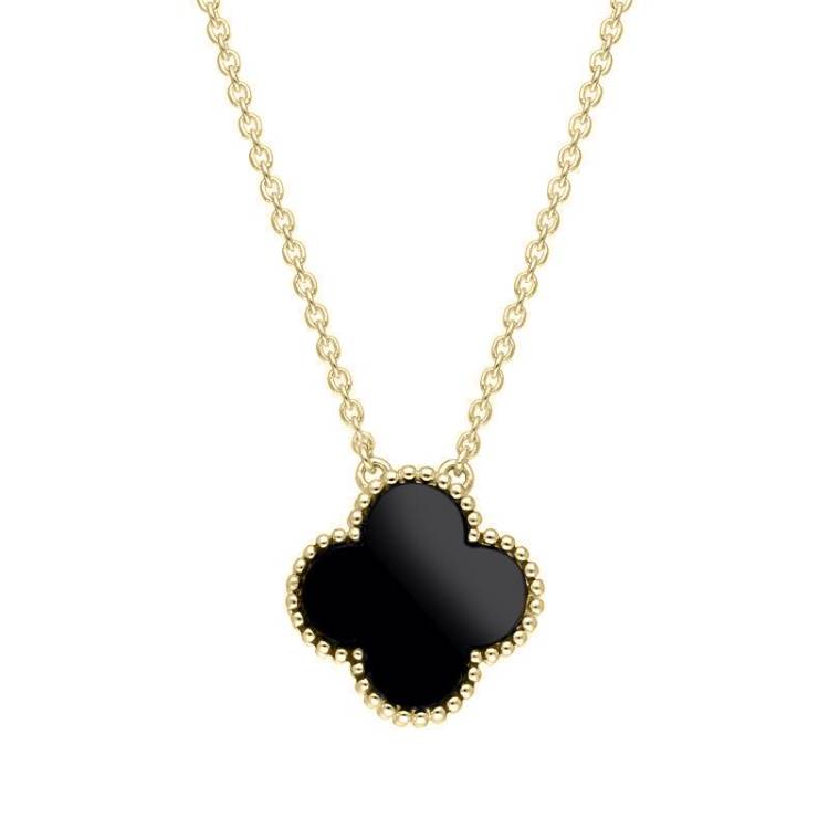 9ct Yellow Gold Whitby Jet Bloom Large Four Leaf Clover Ball Edge Chain Necklace