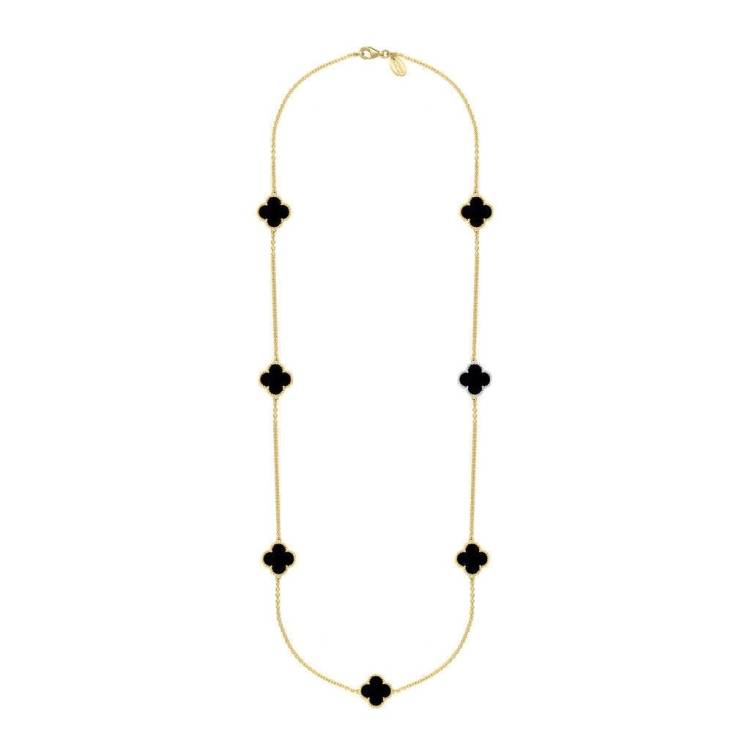 9ct Yellow Gold Whitby Jet Bloom Four Leaf Clover Ball Edge Long Necklace