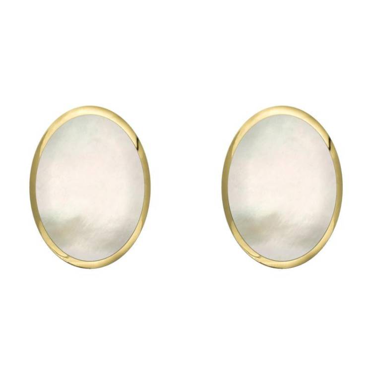 9ct Yellow Gold White Mother of Pearl 8 x 10mm Classic Large Oval Stud Earrings