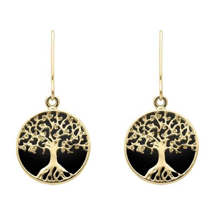 9ct Yellow Gold Whitby Jet Round Tree Drop Earrings
