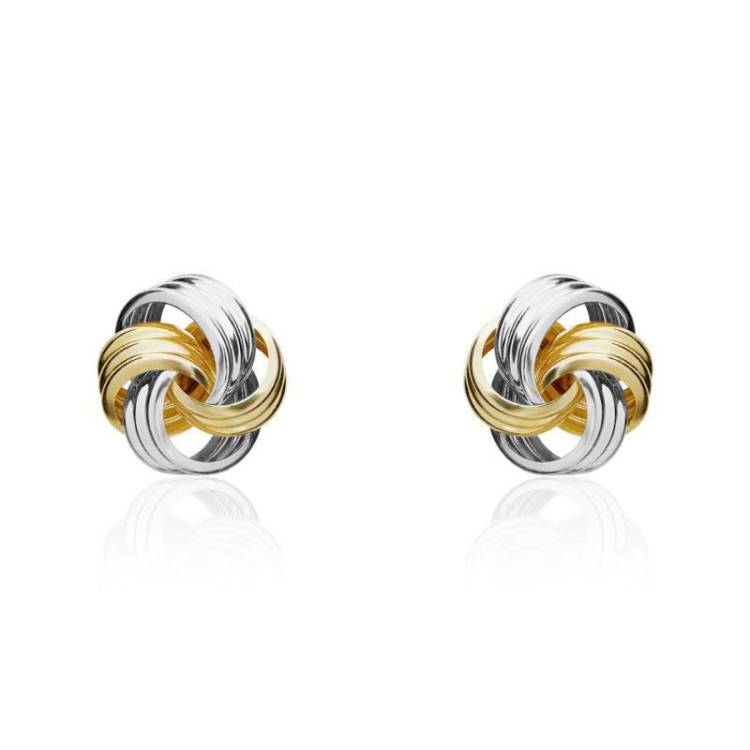 9ct Yellow and White Gold 8.5mm Ribbed Loop Knot Stud Earrings