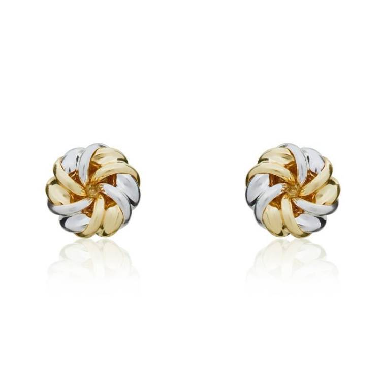 9ct Yellow and White Gold 7.5mm Twisted Ribbon Knot Stud Earrings