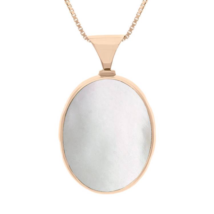 9ct Rose Gold Blue John Mother of Pearl King's Coronation Hallmark Double Sided Oval Necklace