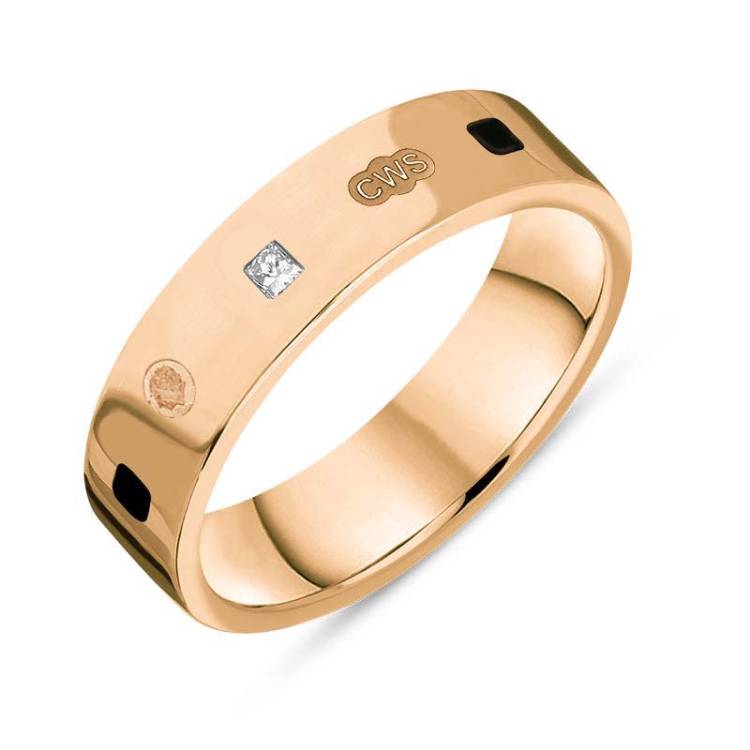 9ct Rose Gold 0.12ct Diamond Whitby Jet King's Coronation Hallmark Princess Cut 5mm Ring - R