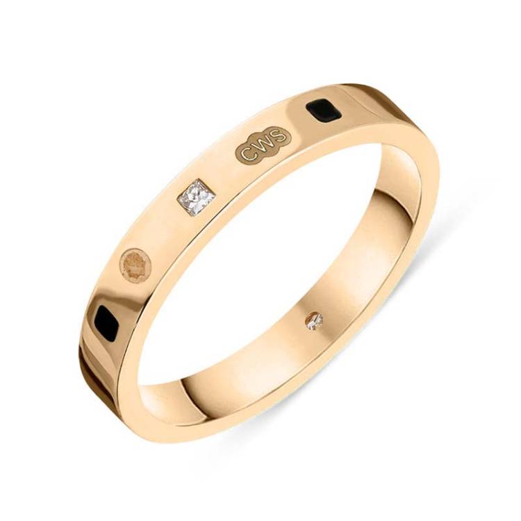 9ct Rose Gold 0.05ct Diamond Whitby Jet King's Coronation Hallmark Princess Cut 3mm Ring - L