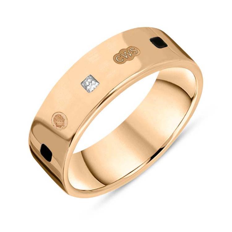 9ct Rose Gold 0.18ct Diamond Whitby Jet King's Coronation Hallmark Princess Cut 6mm Ring - Z