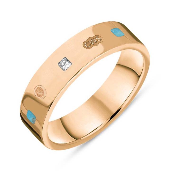 9ct Rose Gold 0.12ct Diamond Turquoise King's Coronation Hallmark Princess Cut 5mm Ring - Y
