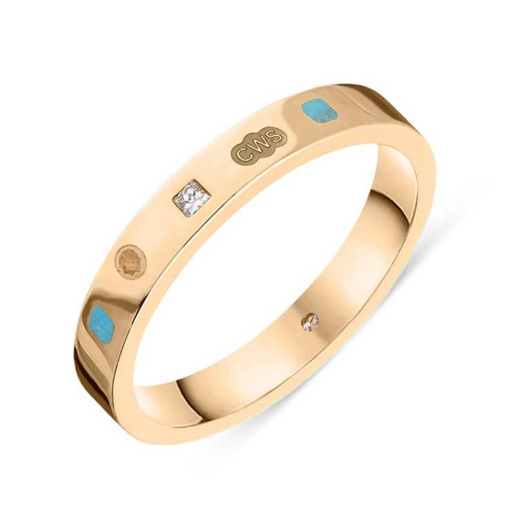 9ct Rose Gold 0.05ct Diamond Turquoise King's Coronation Hallmark Princess Cut 3mm Ring - L