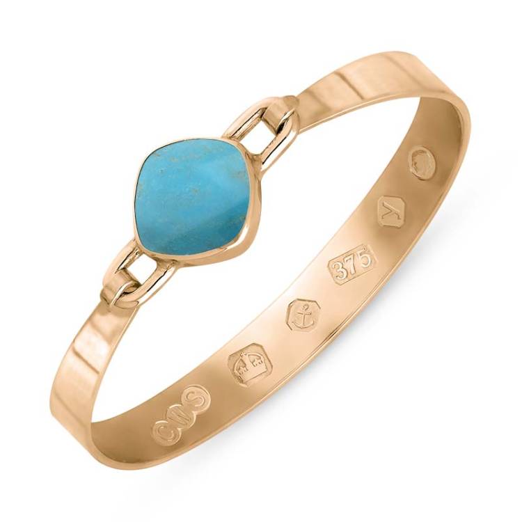 9ct Rose Gold Turquoise King's Coronation Hallmark Wide Cushion Bangle