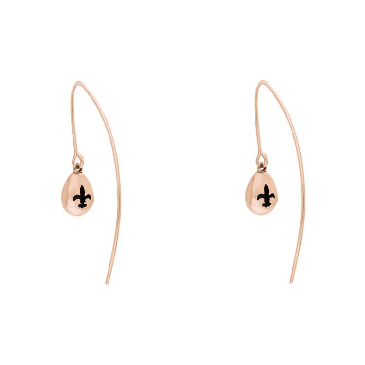 9ct Rose Gold Whitby Jet Fleur De Lis Disc Drop Earrings - Rose Gold