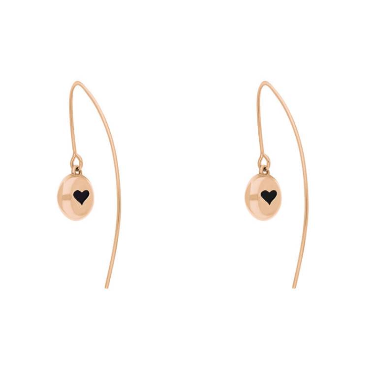 9ct Rose Gold Whitby Jet Heart Disc Drop Earrings - Rose Gold