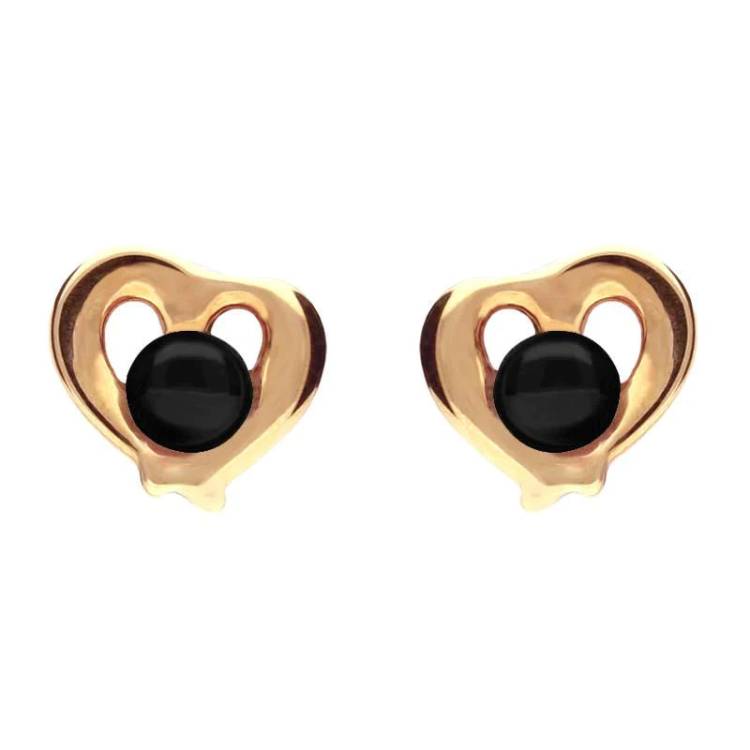 9ct Rose Gold Whitby Jet Heart Outline Stud Earrings - Rose Gold