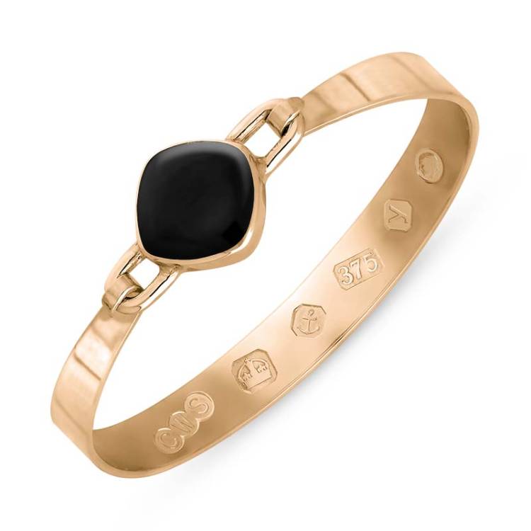 9ct Rose Gold Whitby Jet King's Coronation Hallmark Wide Cushion Bangle