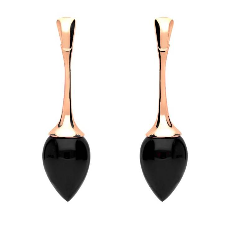 9ct Rose Gold Whitby Jet Long Flute Pear Drop Earrings - Rose Gold