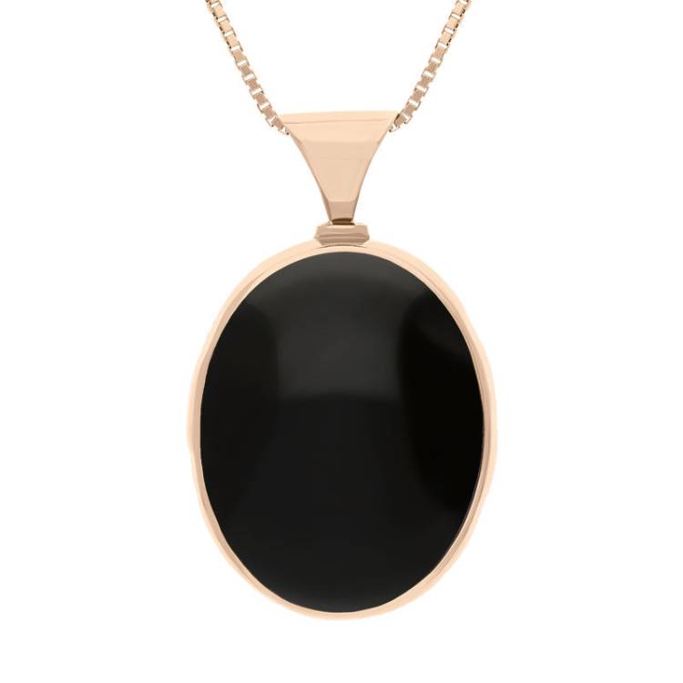 9ct Rose Gold Whitby Jet Mother of Pearl King's Coronation Hallmark Double Sided Oval Necklace