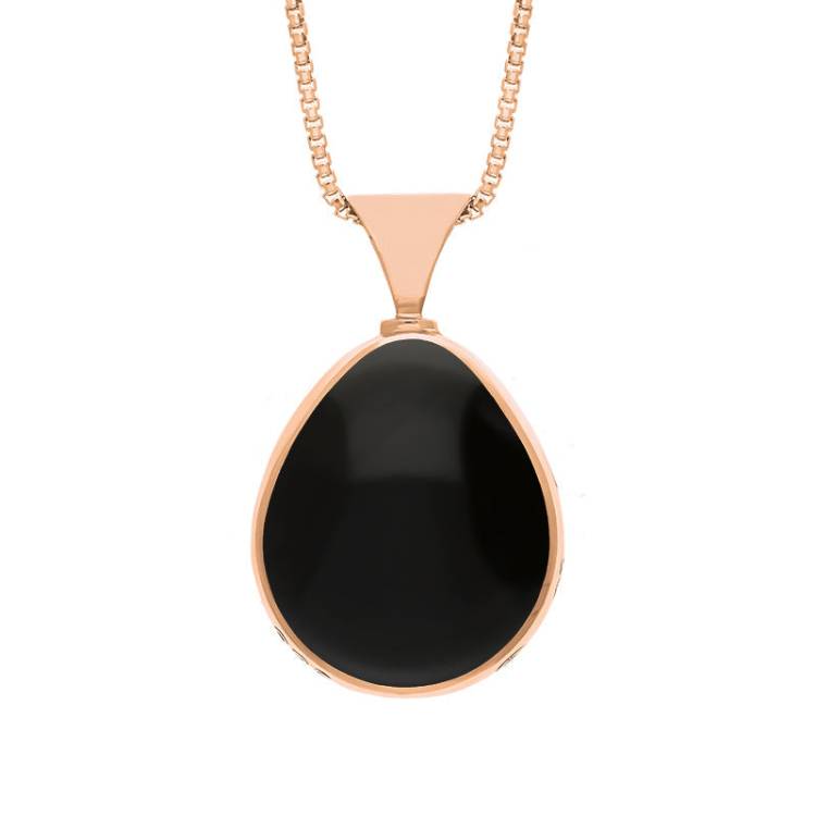 9ct Rose Gold Whitby Jet Mother of Pearl King's Coronation Hallmark Double Sided Pear-shaped Necklace