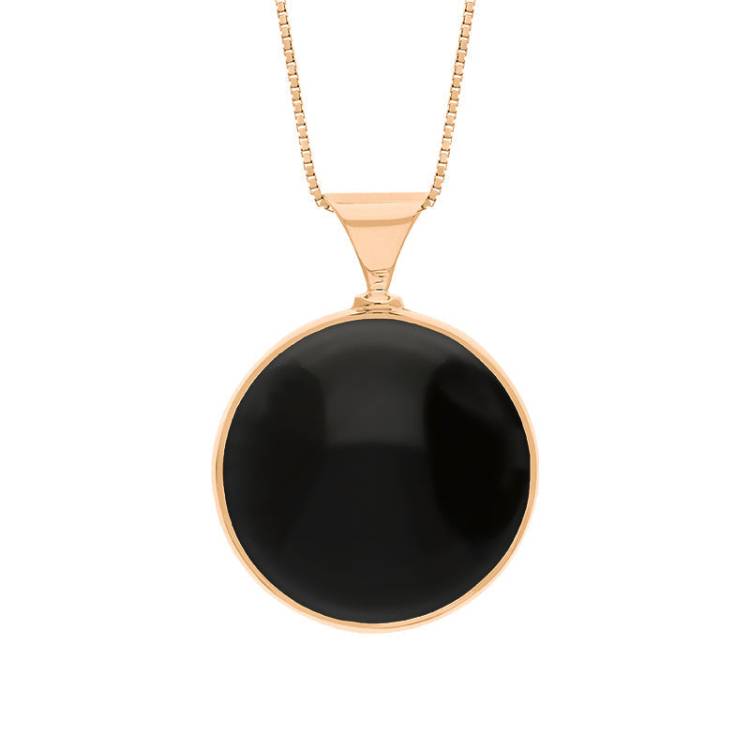 9ct Rose Gold Whitby Jet Mother of Pearl King's Coronation Hallmark Double Sided Round Necklace