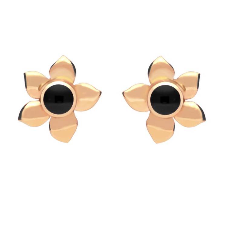 9ct Rose Gold Whitby Jet Petal Stud Earrings - Rose Gold