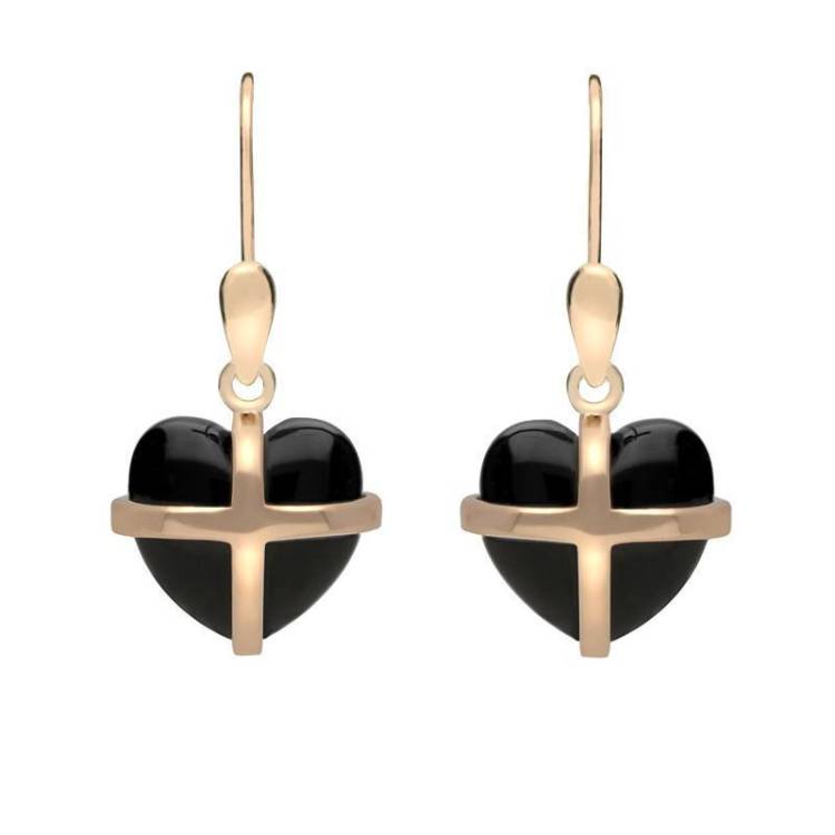 9ct Rose Gold Whitby Jet Small Cross Heart Drop Earrings - Rose Gold