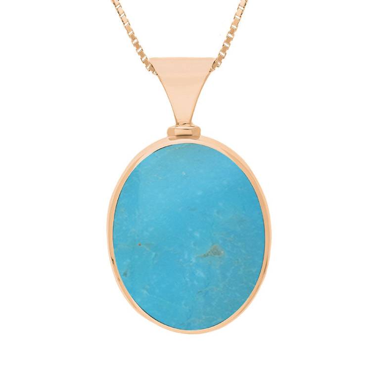9ct Rose Gold Whitby Jet Turquoise King's Coronation Hallmark Double Sided Oval Necklace