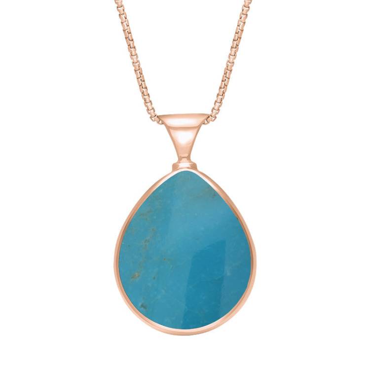 9ct Rose Gold Whitby Jet Turquoise King's Coronation Hallmark Double Sided Pear-shaped Necklace
