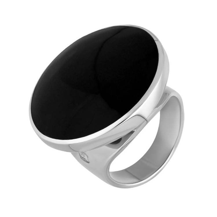 9ct White Gold Whitby Jet King's Coronation Hallmark Medium Round Ring - S