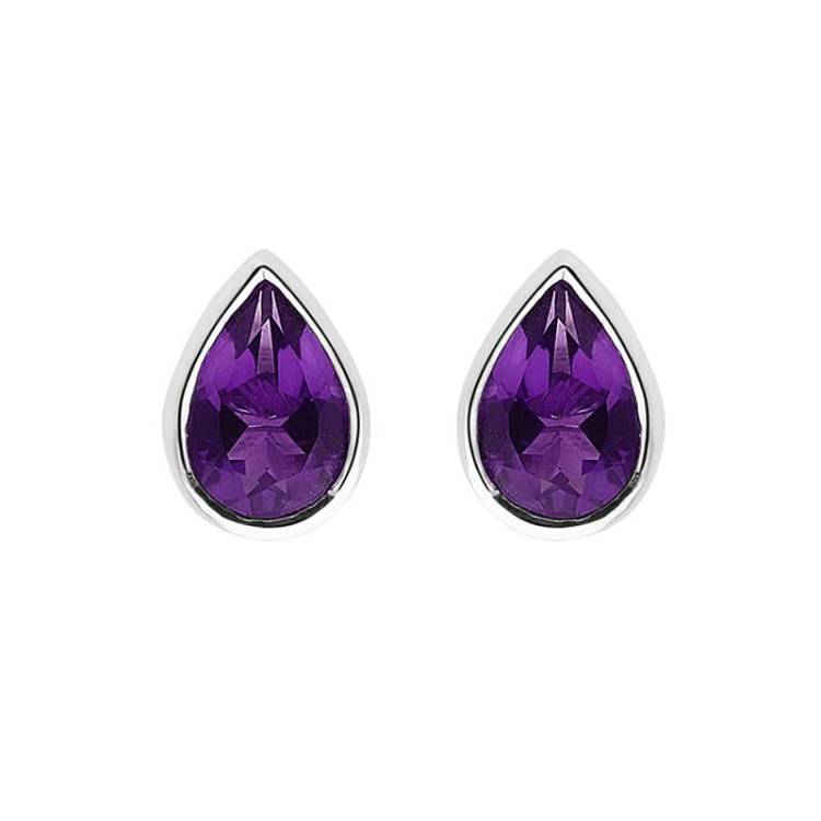 9ct White Gold Amethyst 6x4mm Pear Rub Over Set Stud Earrings