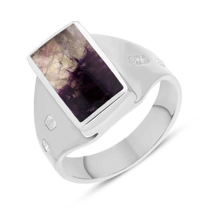 9ct White Gold Blue John King's Coronation Hallmark Small Oblong Ring - Y