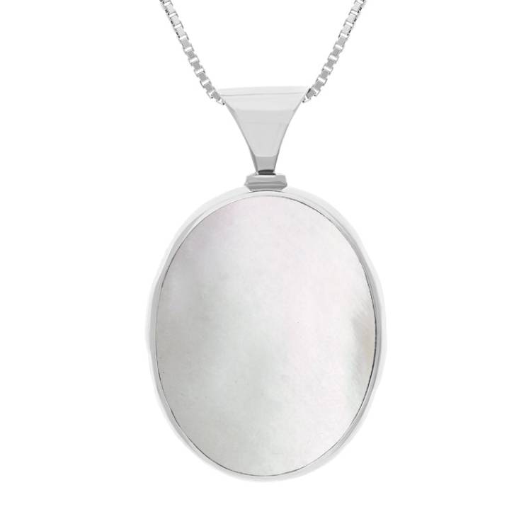 9ct White Gold Blue John Mother of Pearl King's Coronation Hallmark Double Sided Oval Necklace