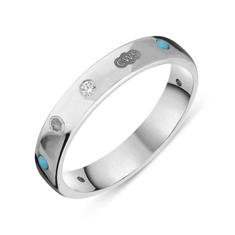 9ct White Gold 0.08ct Diamond Turquoise King's Coronation Hallmark 4mm Ring - Y