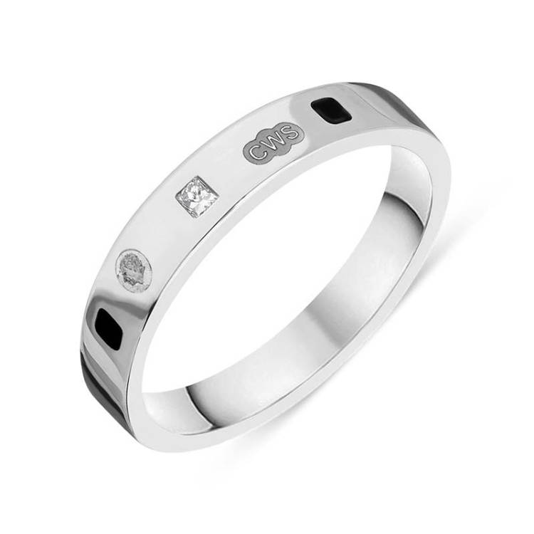9ct White Gold 0.09ct Diamond Whitby Jet King's Coronation Hallmark Princess Cut 4mm Ring - X
