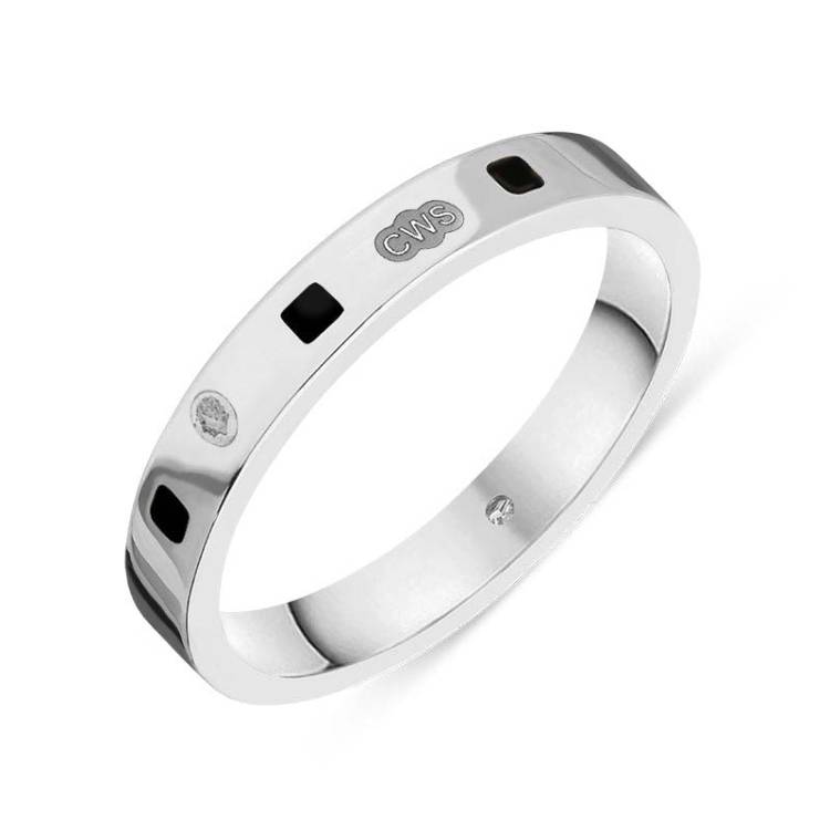 9ct White Gold Whitby Jet King's Coronation Hallmark Princess Cut 3mm Ring - Q