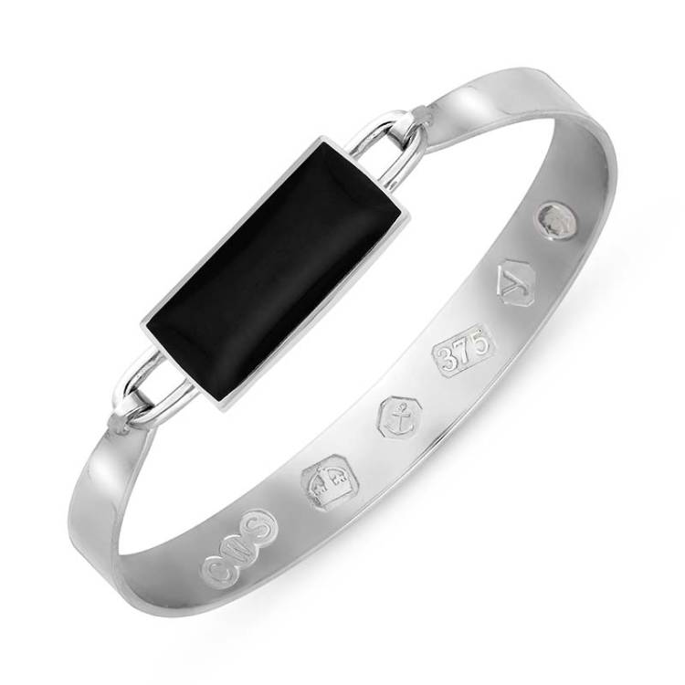 9ct White Gold Whitby Jet King's Coronation Hallmark Wide Oblong Bangle