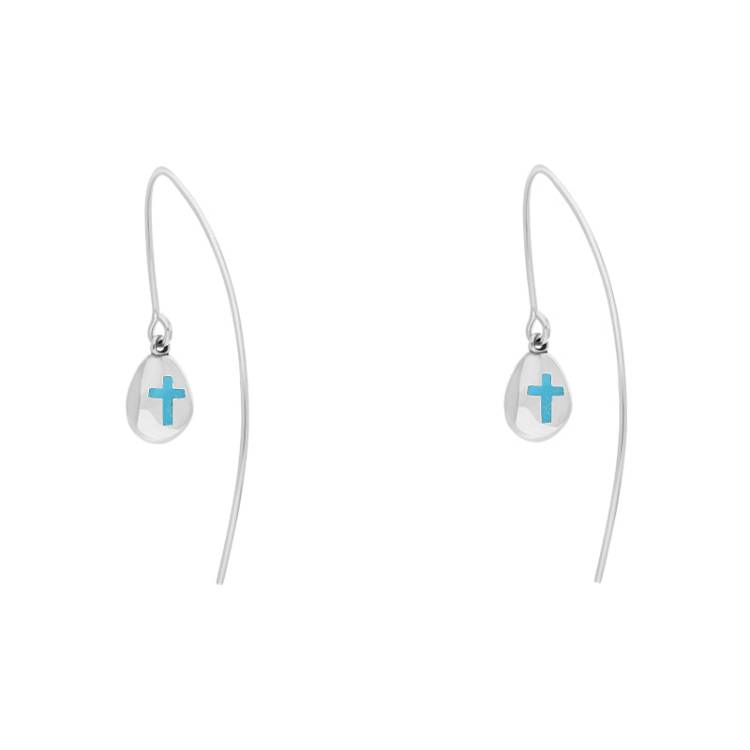 9ct White Gold Turquoise Cross Disc Drop Earrings - White Gold