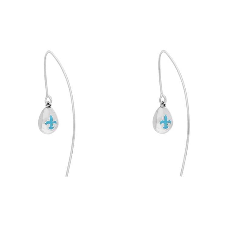 9ct White Gold Turquoise Fleur De Lis Disc Drop Earrings - White Gold