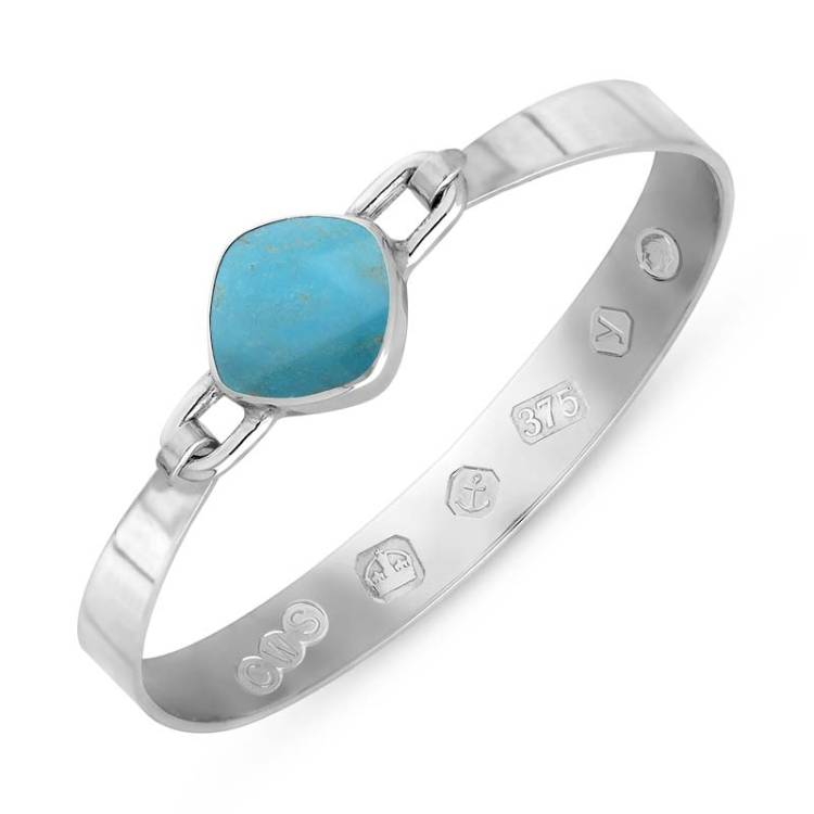9ct White Gold Turquoise King's Coronation Hallmark Wide Cushion Bangle