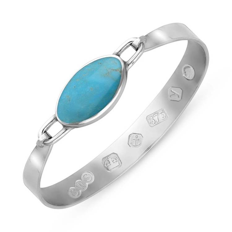 9ct White Gold Turquoise King's Coronation Hallmark Wide Oval Bangle